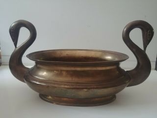 Vintage Brass Double Swan Head Planter,  Urn.  Older With Patina.  From An Estate.