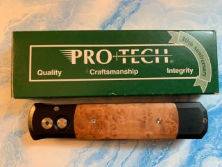 Pro - Tech Pocket Knife,  Black Handle,  Maple Burl Inlays,  Satin Blade,  Plain Edge