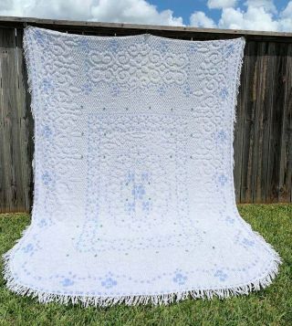 Vintage Chenille Bedspread - White Blue And Green Full Double Twin Xl Cutter