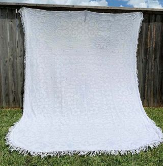 Vintage Chenille Bedspread - White Blue and Green Full Double Twin XL Cutter 5