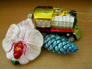3 Vintage Glass Ornaments Train Engine Pine Cone Orchid W/glitter