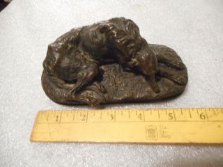 Antique Bronze Sculpture Of A Recumbent Irish Wolfhound Signed Md