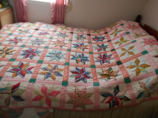 Vintage 8 Point Star Quilt Full Size 63 " X 76 " Hand Made For Cutter
