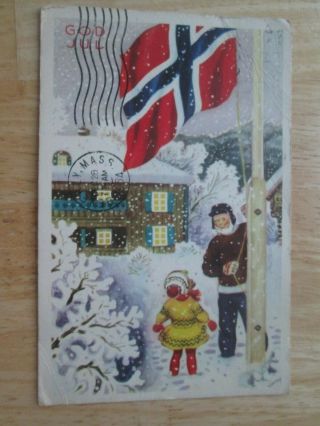 Bergen Hordaland Norway Winter Flag Children Postcard - - God Jul