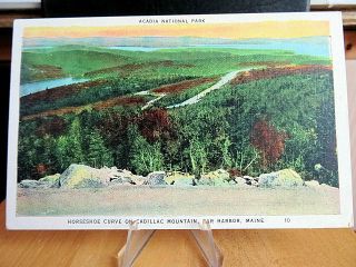 Linen Era Postcard Horseshoe Curve Cadillac Mountain Acadia National Park