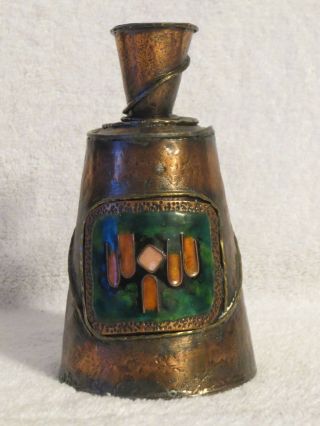 Vintage Hammered Brutalist Copper Vase With Brass & Enamel Unusual Unique