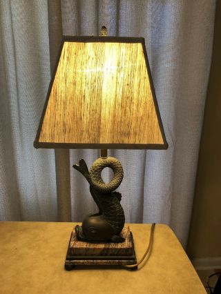 Theodore Alexander Solid Brass Patina Koi Fish Sea Serpent Dolphin Table Lamp