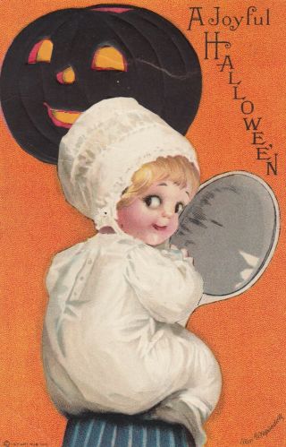 Ellen Clapsaddle ; Halloween,  1900 - 10s ; Kid,  Mirror & Black Jack O 