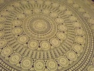 Vintage Hand Crochet Ecru Tablecloth Fits 66” Round Ruffle Cream
