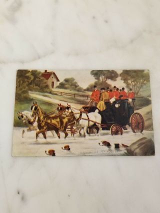 Antique Postcard " Viewing The Country " Horse Drawn Carriage Flanked By Hounds