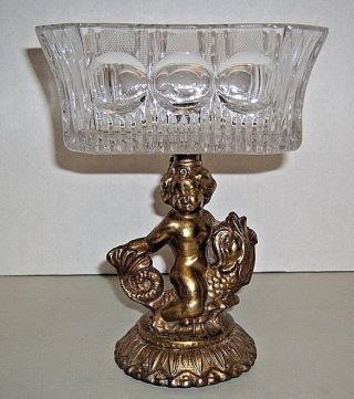 Vintage Hollywood Regency Brass Cherub Pedestal Compote Leaded Glass Bowl 8 " T
