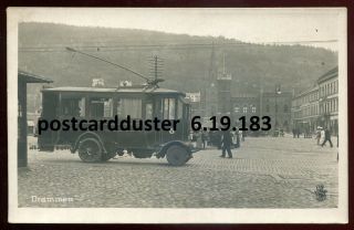 183 - Norway Drammen 1910s Town Square.  Electric Trolley.  Real Photo Postcard