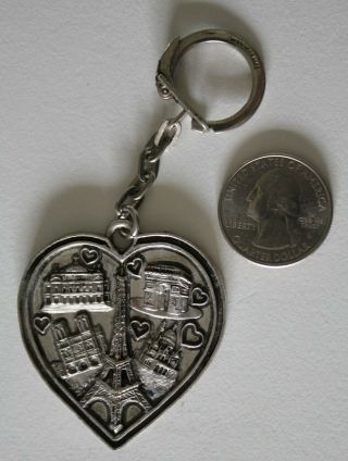 Paris France Eiffel Tower Heart Shaped Metal Vintage Fob Keychain Key Ring 33443