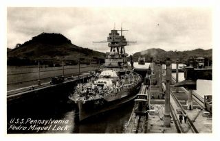 Panama Real Photo Rppc U.  S.  S.  Pennsylvania Pedro Miguel Lock Panama Canal Ship