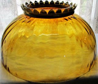 Antique 14 " Amber Glass Reverse Imprint Hanging Oil Kerosene Lamp Shade W/ Crown