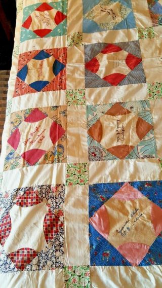 Antique Friendship Quilt Top Embroidery Signatures Feedsack Prints 84x85 " (9)