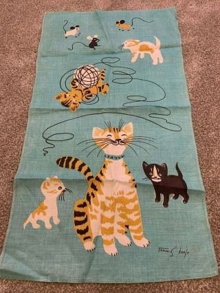 Vintage Tammis Keefe Linen Kitchen Towel: Cats,  Kittens,  Mice 16.  5 X 30