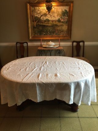 Vintage White Oval Embroidered Cut Linen Tablecloth 104” X 70 "