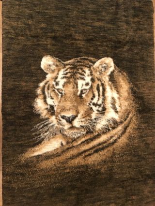Vintage 80s Tiger Cat Biederlack Brown Reversible Blanket Throw 77x56