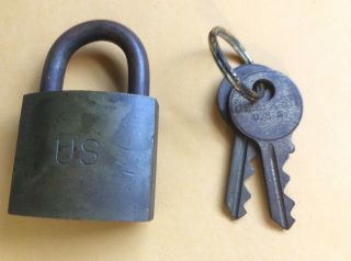 Vintage Us Military Brass Lock,  2 Keys,  American,