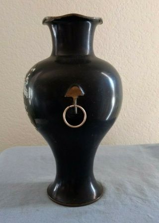 Oriental Black Lacquer Mother Of Pearl Inlay Lg Fluted Vintage Brass Vase Birds 3