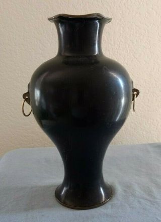 Oriental Black Lacquer Mother Of Pearl Inlay Lg Fluted Vintage Brass Vase Birds 4