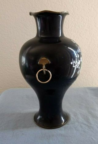 Oriental Black Lacquer Mother Of Pearl Inlay Lg Fluted Vintage Brass Vase Birds 5