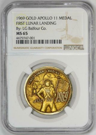 1969 Gold Lg Balfour Apollo 11 Medal First Lunar Landing Medal Ngc Ms 65