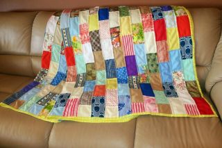 Colorful Handmade Patchwork Bricks Quilt Yellow Backing 83 X 66 Twin Size Bed