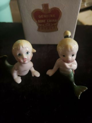 2 Vtg Mid Century Modern Bone China Miniature Mermaid Figurines Japan Mod 60s