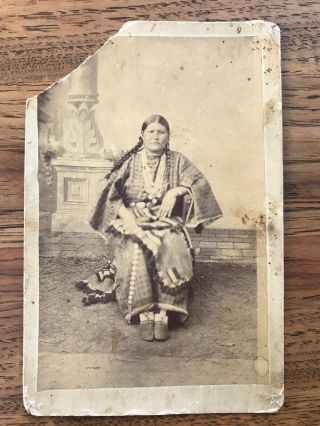 Antique Cabinet Card Photograph Native American Indian Woman Holding Rug