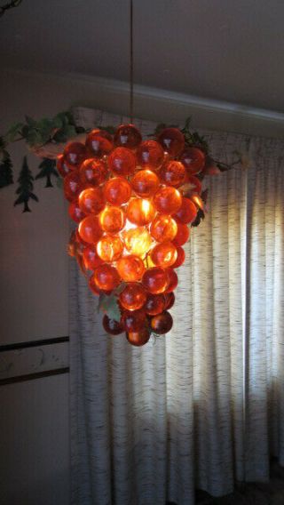 Mid - Century Modern Orange Acrylic / Lucite Grape Cluster & Driftwood Swag Lamp