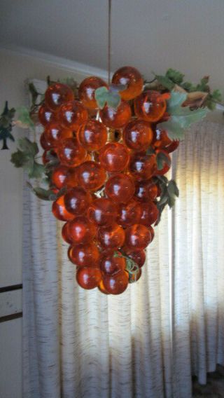 Mid - Century Modern Orange Acrylic / Lucite Grape Cluster & Driftwood Swag Lamp 2