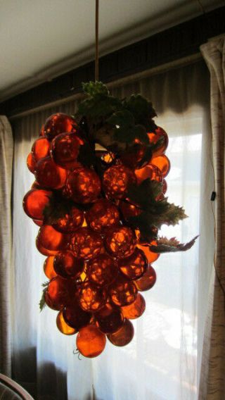 Mid - Century Modern Orange Acrylic / Lucite Grape Cluster & Driftwood Swag Lamp 3