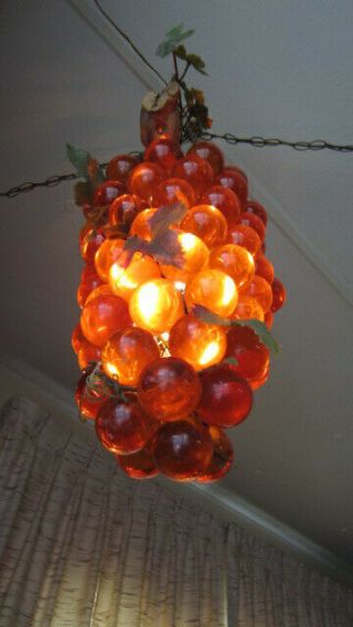 Mid - Century Modern Orange Acrylic / Lucite Grape Cluster & Driftwood Swag Lamp 5