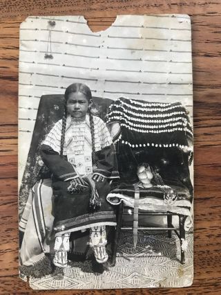 Antique Native American Indian Real Photo Postcard Child W/ Beaded Clothing Rug
