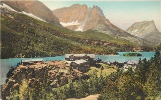 Hand Colored Postcard Going To The Sun Chalets St.  Mary 
