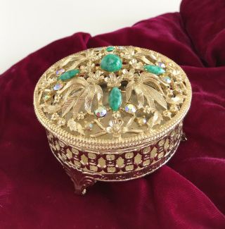 Vintage Sam Fink Sf Jeweled Gold Tone Filigree Round Footed Vanity Trinket Box