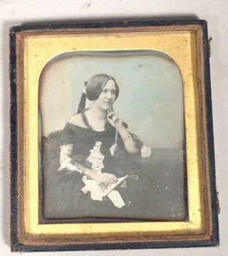 1840s Richard Beard Uk 1/6th Plate Daguerreotype Photo Pretty Young Woman W Fan