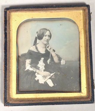 1840s Richard BEARD UK 1/6th Plate Daguerreotype Photo PRETTY YOUNG WOMAN w Fan 3