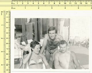 Beach Cafe,  Bikini Woman & Two Shirtless Guys,  Handsome Men Old Photo