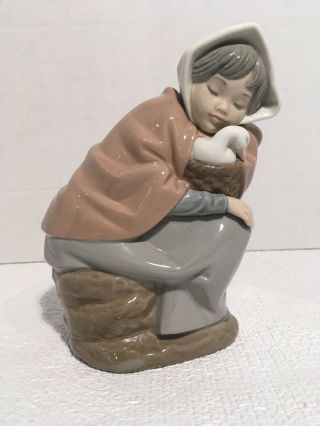 Retired 1982 Nao By Lladro Figurine - Girl Resting With Duck In Basket Figurine