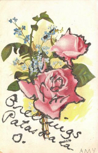 Pataskala Ohio C1910 Greetings Postcard Flowers Glitter Licking County