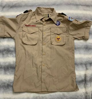 Boy Scouts Of America Youth Large Uniform Shirt Button Up Short Sleeve Tan Euc