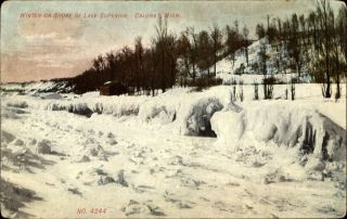 Winter On Shore Of Lake Superior Calumet Michigan Mi C1910 Postcard
