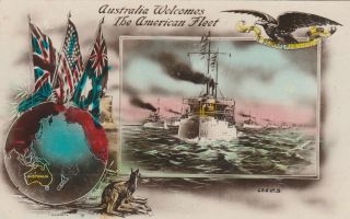 Vintage Postcard Australia Welcomes American Fleet 1900s