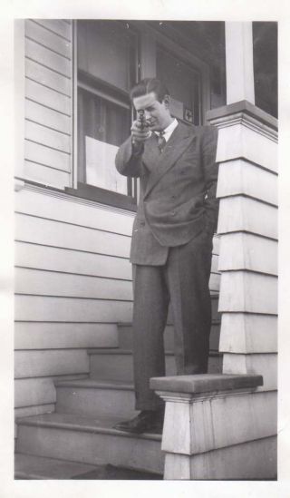 Vintage Photo Snapshot Man On Steps Sighting Aiming Gun Pistol Handgun 1940s