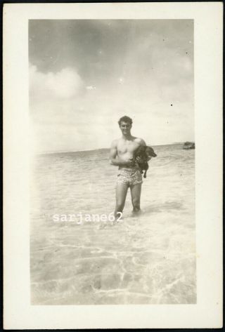 Shirtless Muscle Hottie Gi Man In Swimuit Bulge W/ Dog Vintage Gay Int Photo