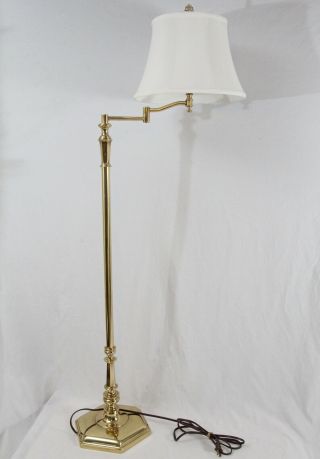 Stiffel Brass Swing Arm Floor Lamp Traditional Silk Shade Hexagon Base