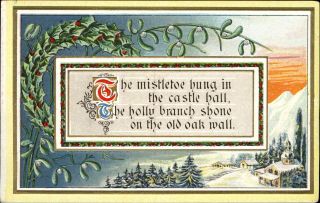 Christmas Mistletoe Holly Berry Church Snow Scene Arts & Crafts C1910 Postcard